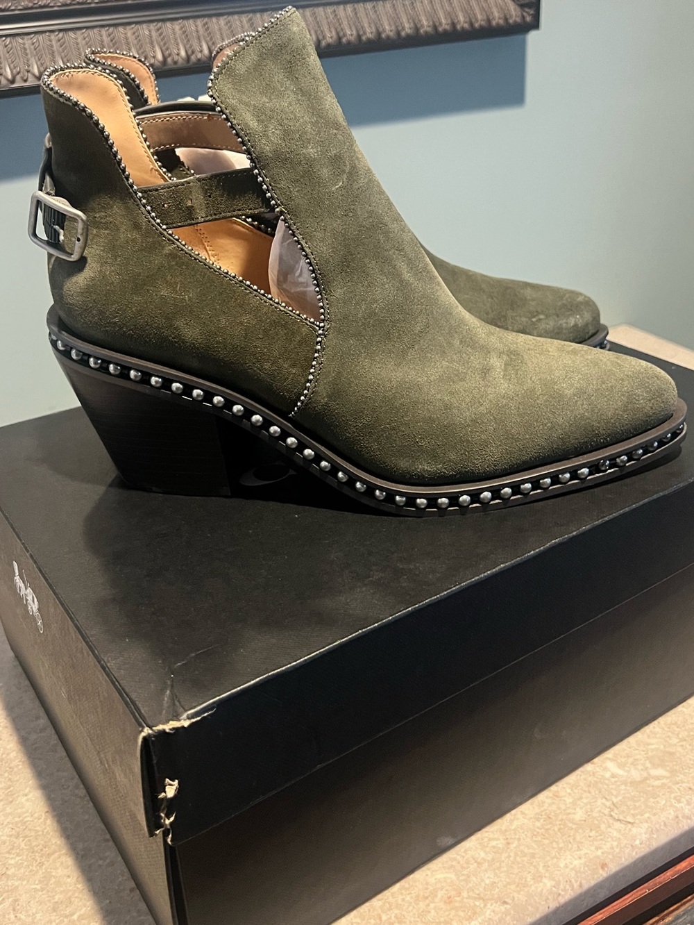 Coach Olive Green Suede Pippa Cutout Ankle Boots - Sz. 10 - Picture 5 of 14